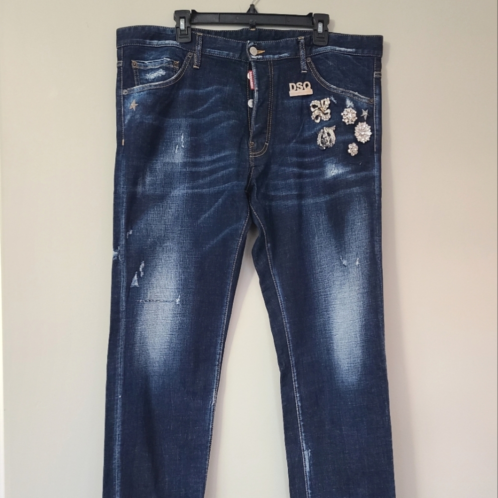 DSQUARED2 🇨🇦 Jewel Brooch and Stud Cool Guy Jeans - Fits 40" Waist, Blue